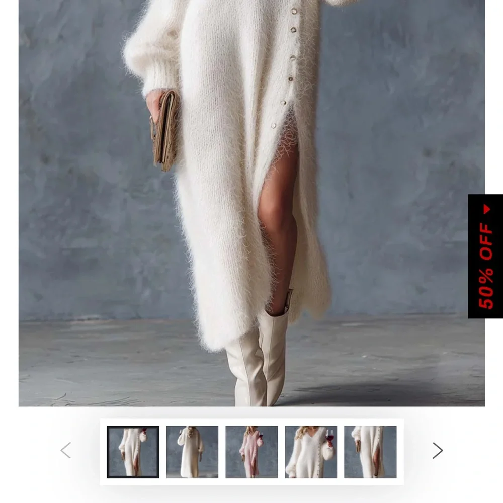 Elegant White Knit Dress with Button Detail - Picture 4 of 5